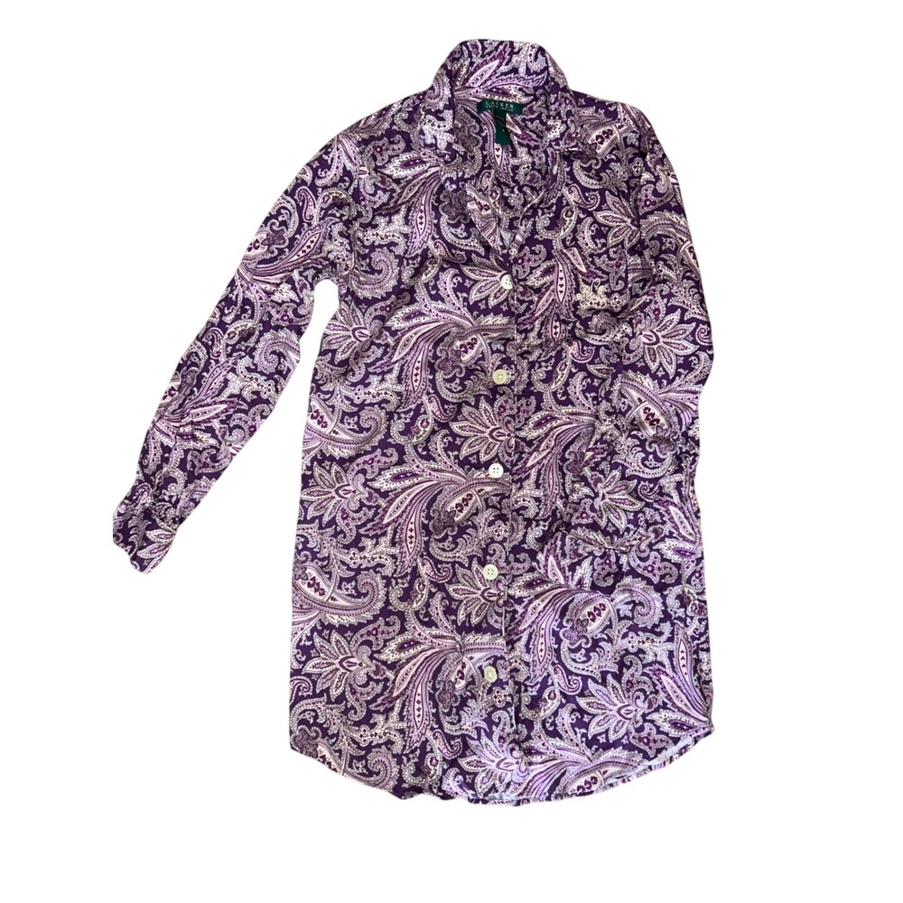 Lauren Ralph Lauren Womens Paisley Print‎ Button Up Sleep Dress Purple Size S